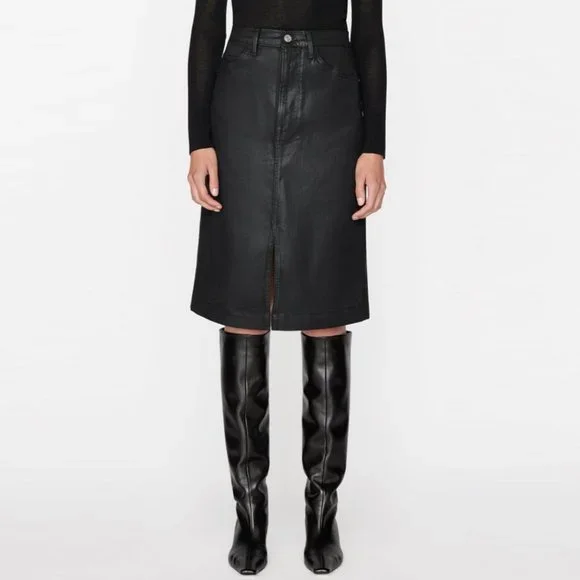 FRAME Split-Hem Coated Midi Skirt (Noir Coated Black)